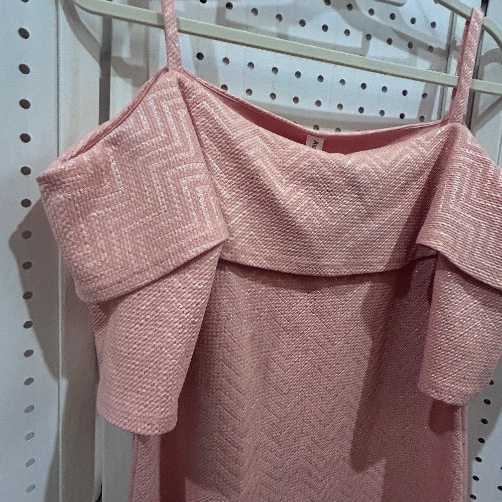 Audrey Ann Pink Textured Cold Shoulder Ruffle Dress Metallic Patterned - Picture 3 of 9